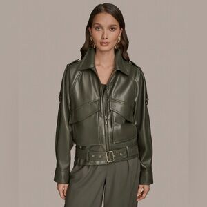 Donna Karan Women's Faux-Leather Zip-Front Belted Jacket. Large. NWT